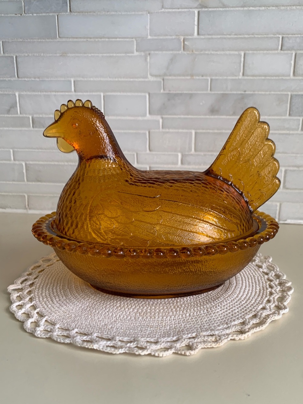 Vintage Indiana Glass Amber Hen on Nest 7” Beaded Rim Covered Dish